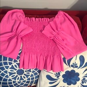 SHEIN Pink Puff Sleeve Smocked Blouse